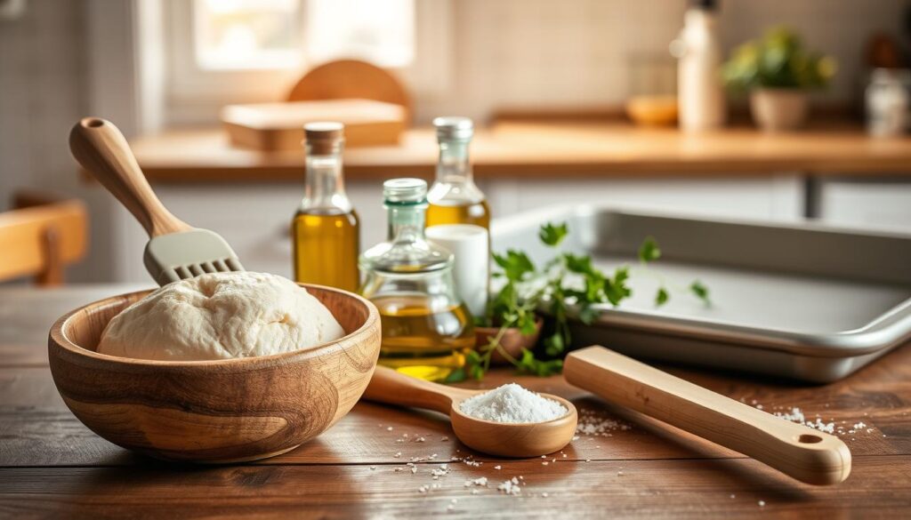 Bageudstyr til foccacia brød inklusive skåle, pensel og bageplade Bageudstyr til foccacia brød inklusive skåle, pensel og bageplade