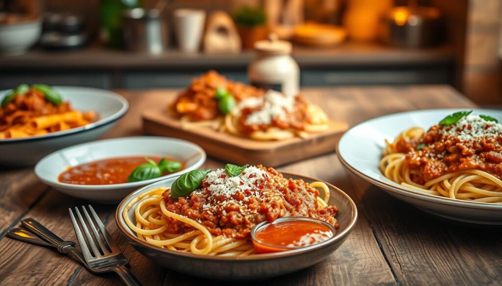 Bolognese serveret med forskellige pastatyper og garniturer