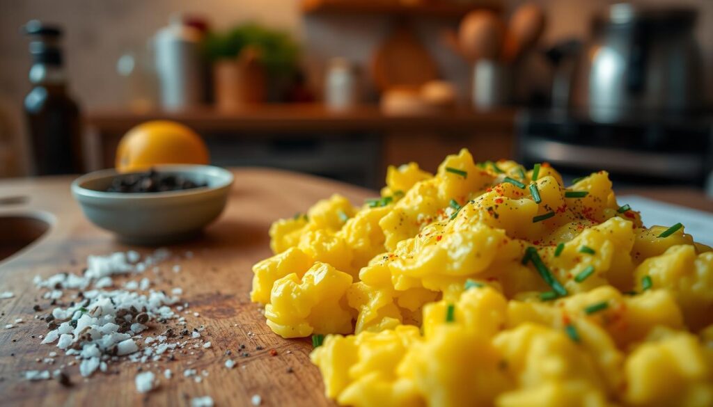Kryddering af lækre scramble æg med salt og peber Kryddering af lækre scramble æg med salt og peber