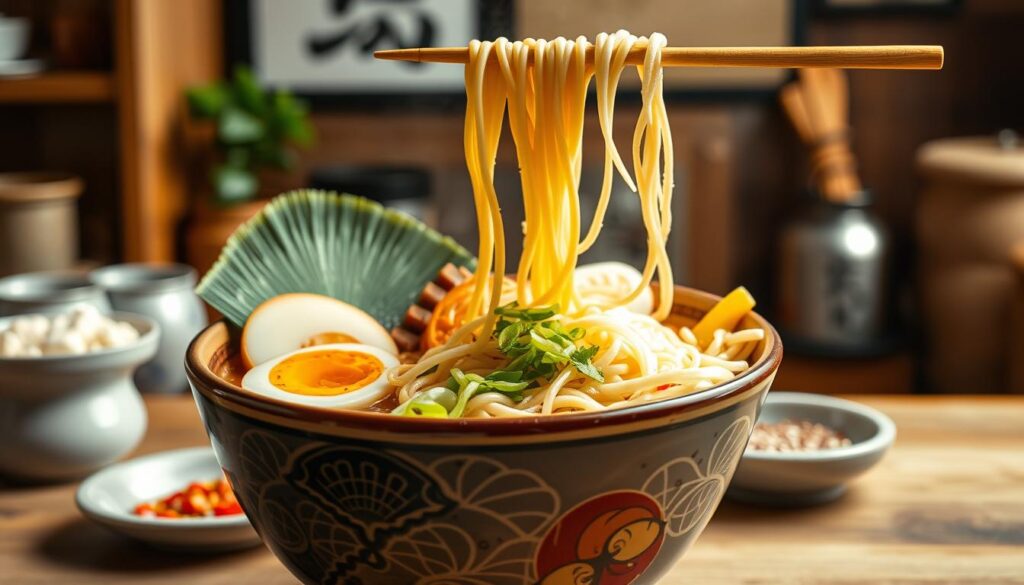 Samling af ramen suppe med toppings