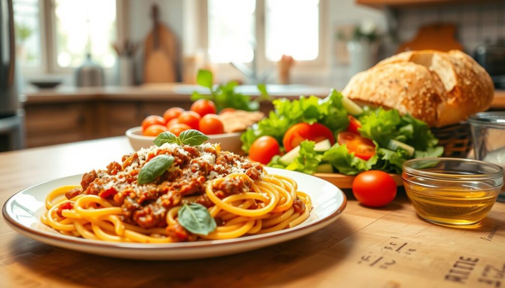 Tilbehør til pasta med kødsovs - frisk salat og brød