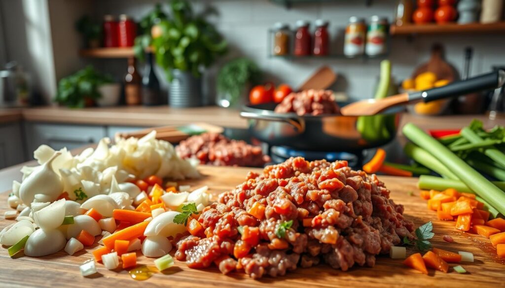 forberedelse af ingredienser til bolognese med hakkekød
