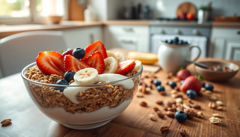 granola til morgenmad med yoghurt og frugter