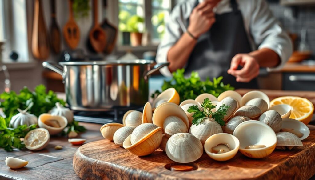 hvide muslinger pasta forberedelse