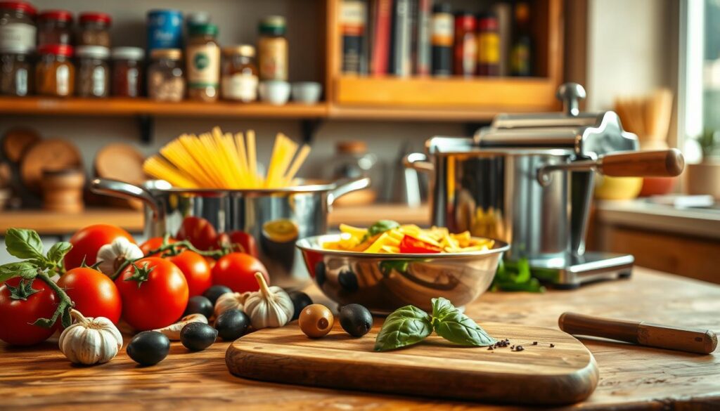 køkkenudstyr til pasta puttanesca tilberedning