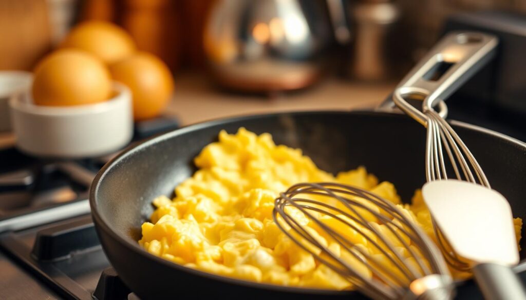 scrambled eggs på pande med de rigtige redskaber scrambled eggs på pande med de rigtige redskaber
