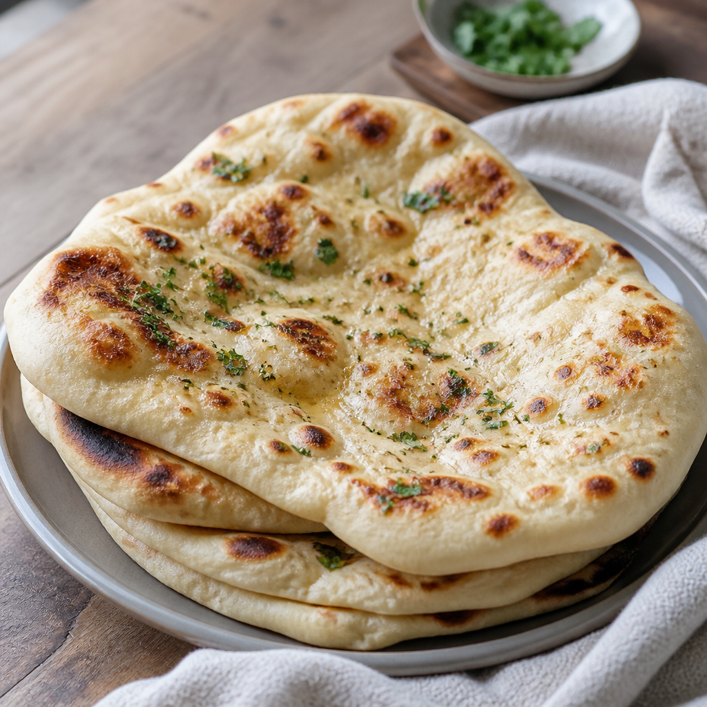 Friskbagt naanbrød med gylden overflade