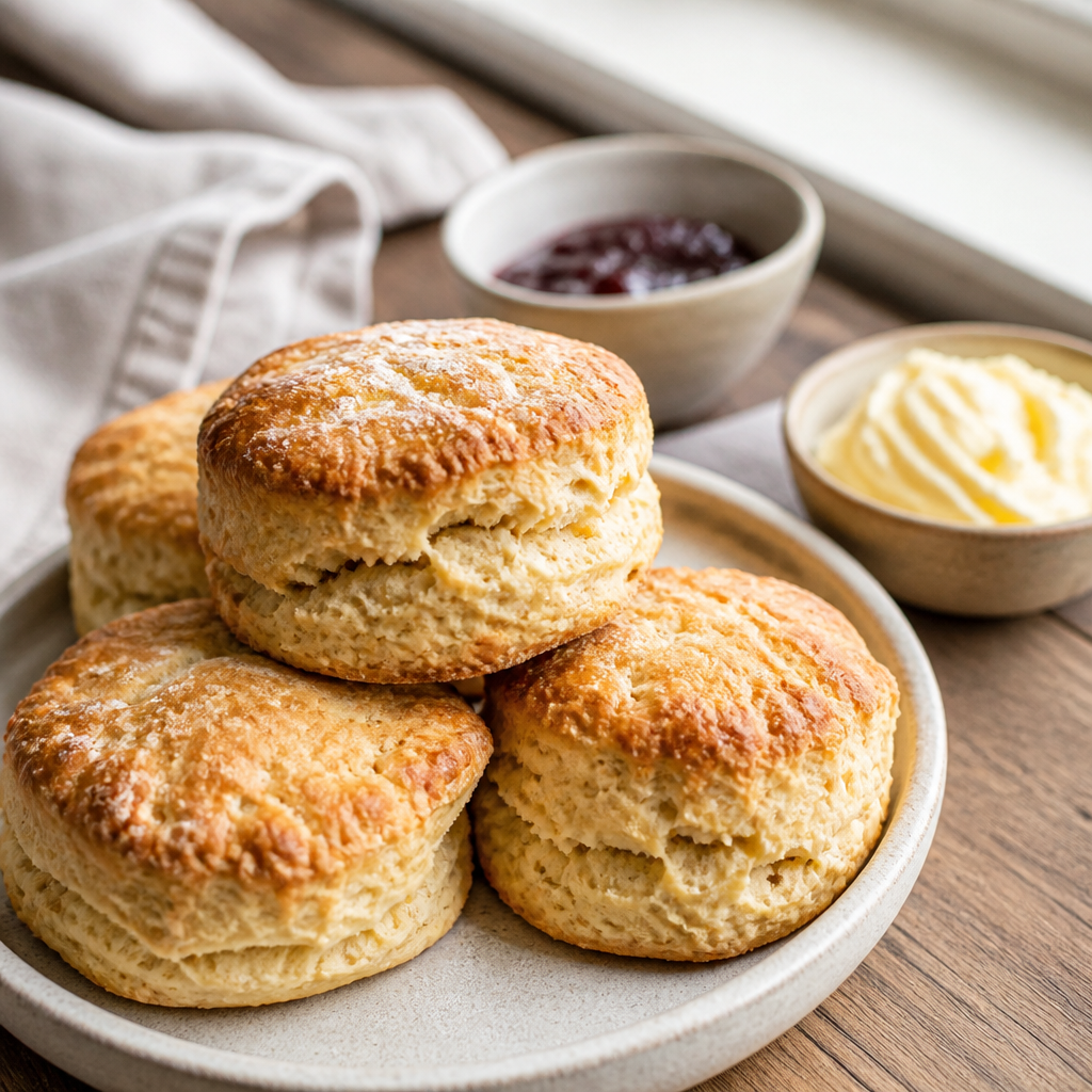 Luftige scones serveret med smør og syltetøj