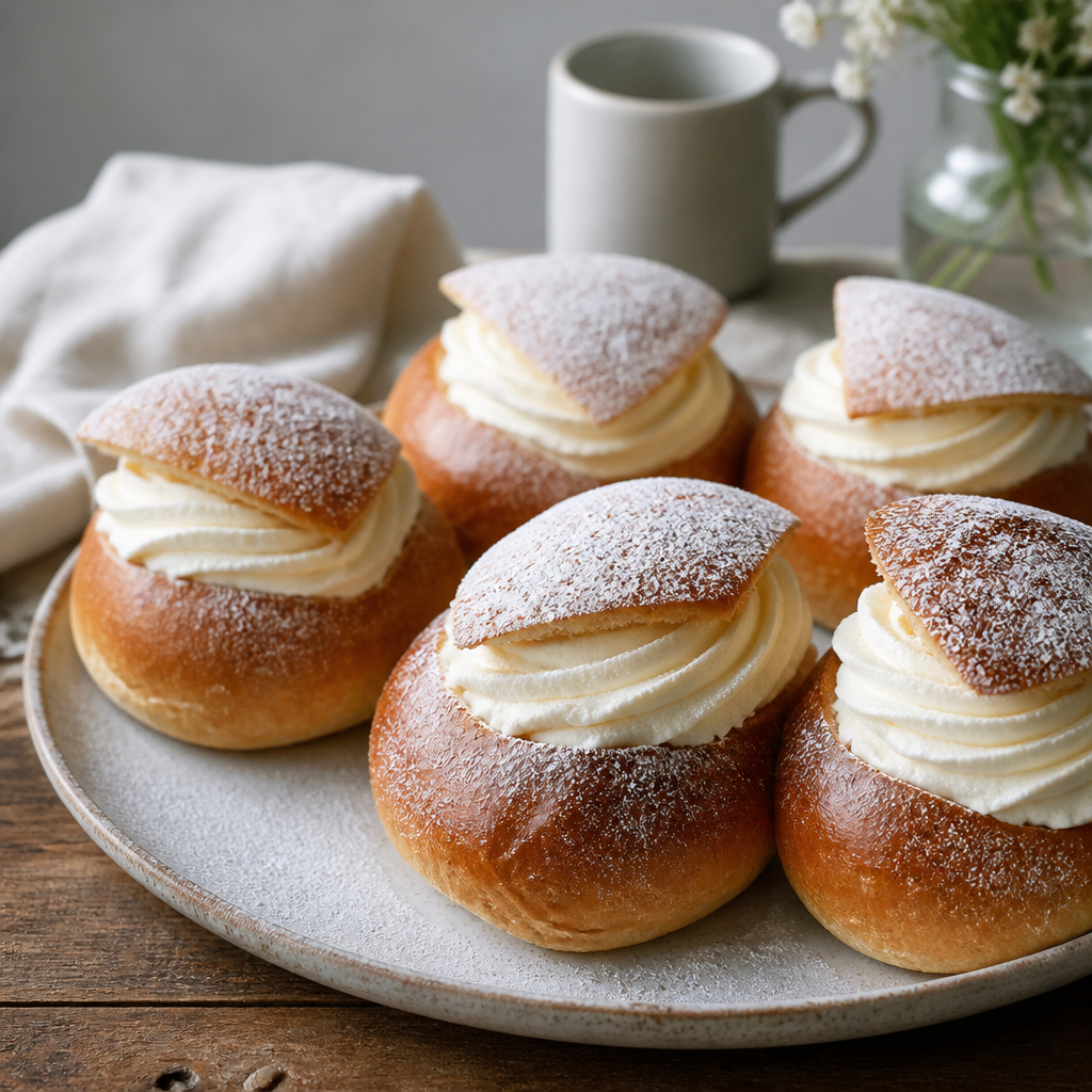 Fastelavnsboller med glasur og vaniljecreme fyld