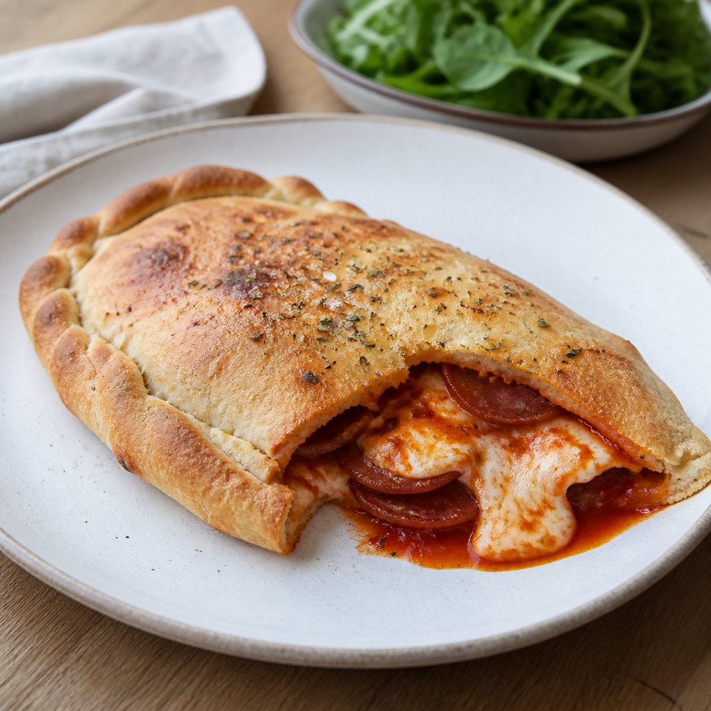 Indbagt calzone med smeltet ost og skinke