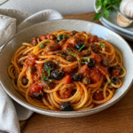 Pasta puttanesca med tomat, ansjos og oliven serveret på en tallerken