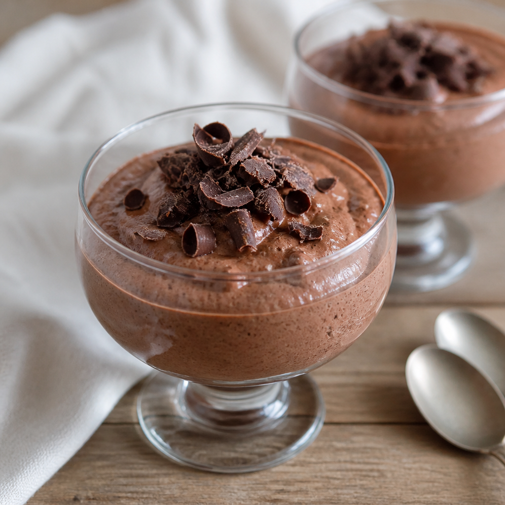Silkeblød chokolademousse serveret i glas