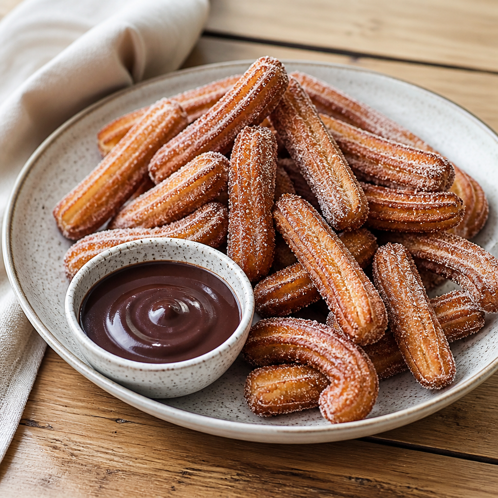 Sprøde churros med sukker og kanel på tallerken