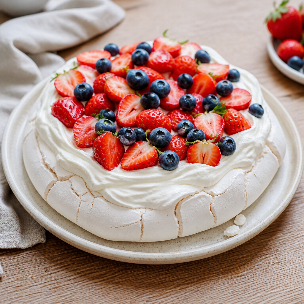 Pavlova med sprød marengs, flødeskum og friske bær