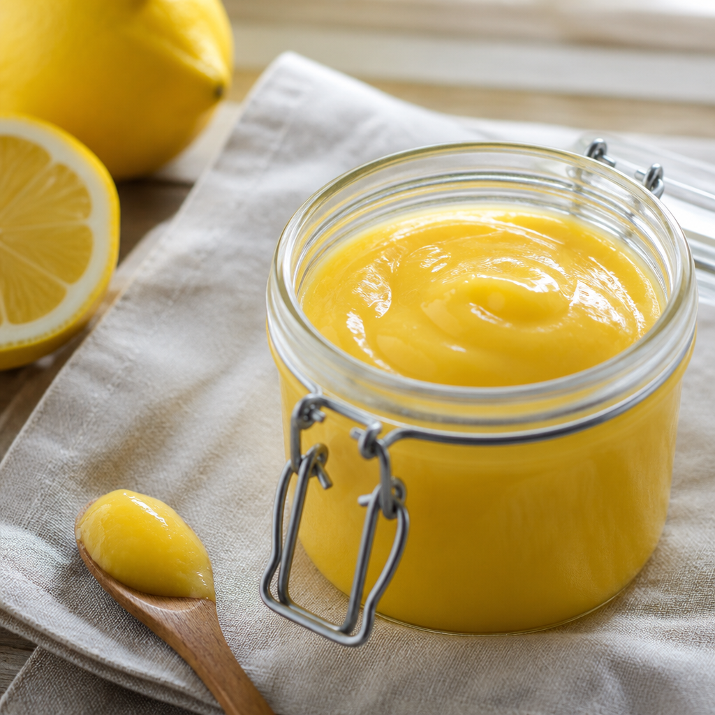 Lemon curd i en skål med frisk citron ved siden af