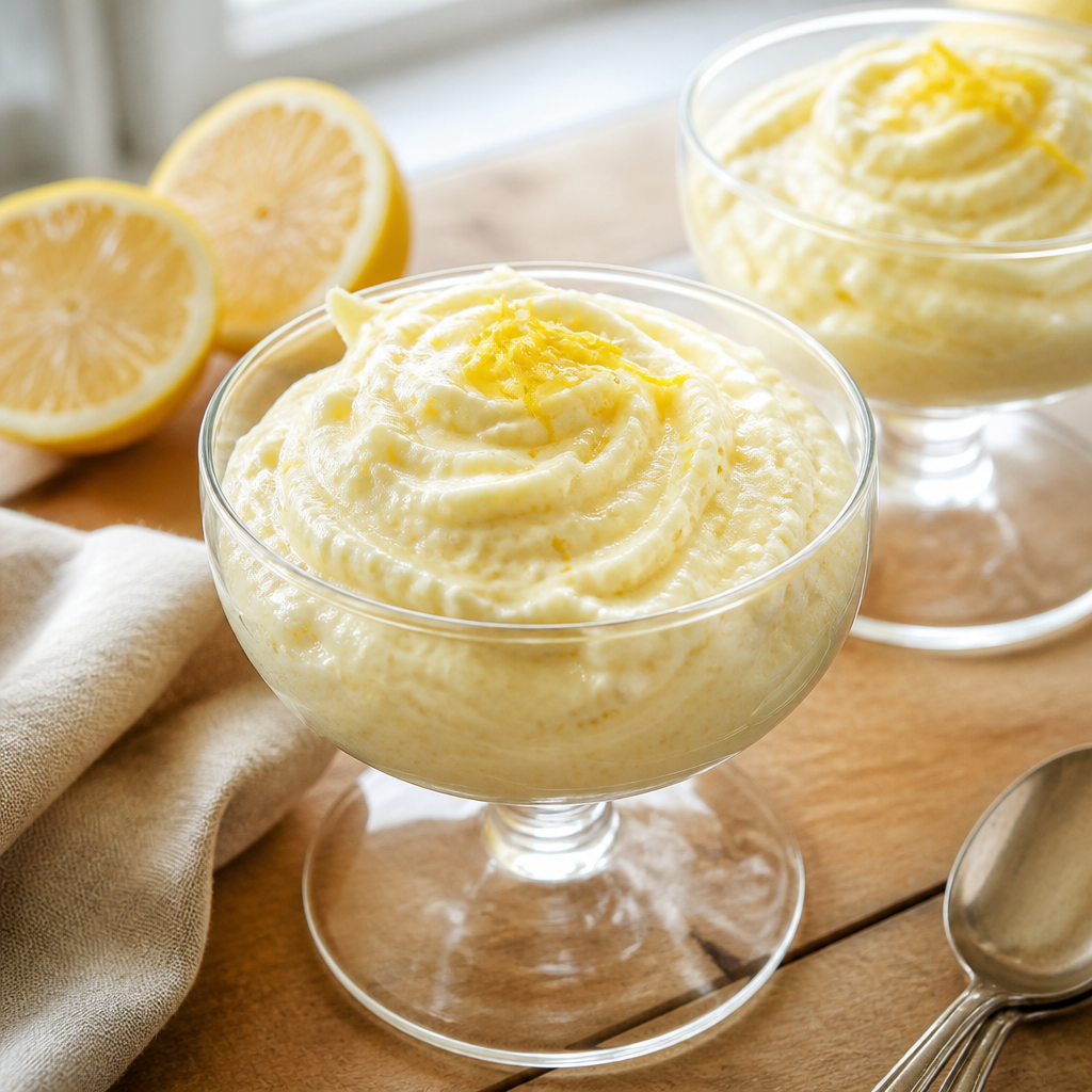 Luftig citronmousse serveret i glas med citronskal