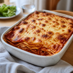 Lasagne med gylden ostetopping serveret i et fad