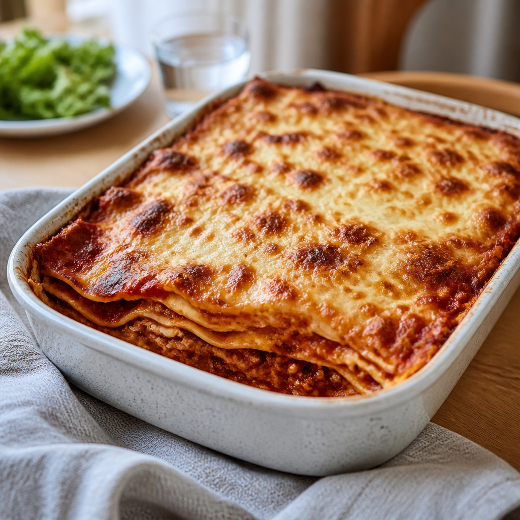 Lasagne med gylden ostetopping serveret i et fad
