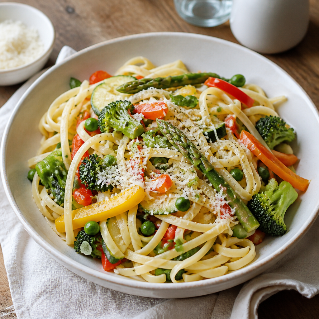 Farverig pasta primavera med grøntsager og parmesan
