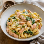 Pasta med laks i cremet sauce toppet med frisk dild