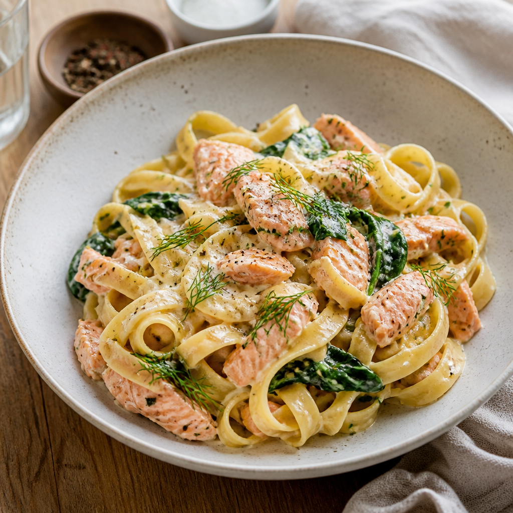 Pasta med laks i cremet sauce toppet med frisk dild