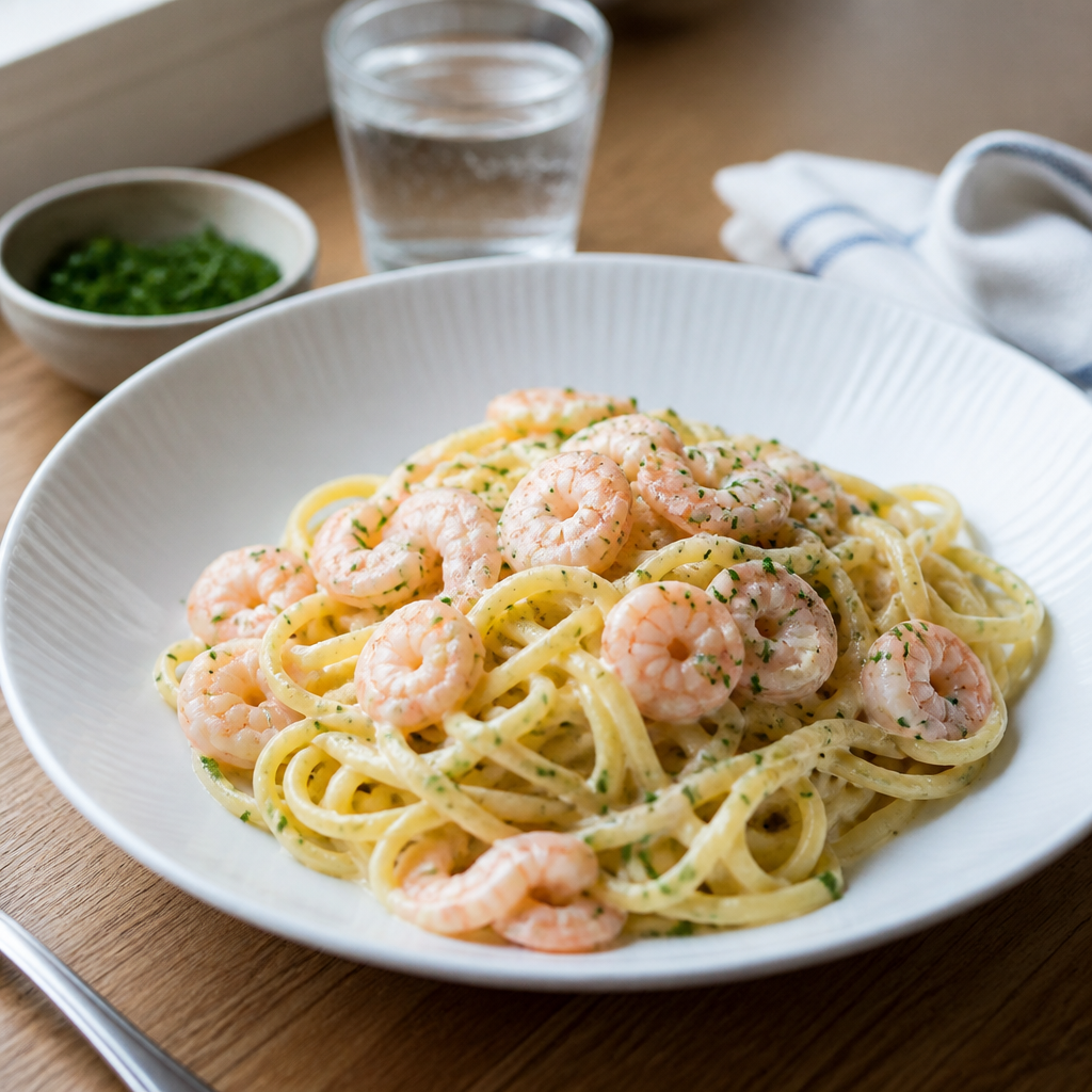 Pasta med rejer og frisk persille serveret på tallerken