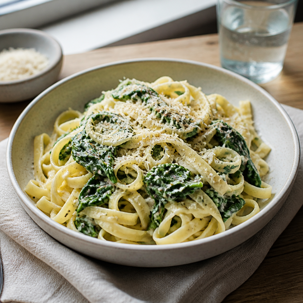 Cremet pasta med spinat og parmesan i en skål