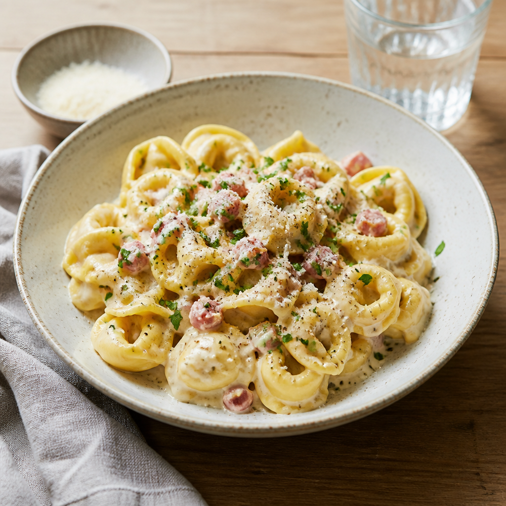 Tortellini med ricotta og spinat i tomatsauce