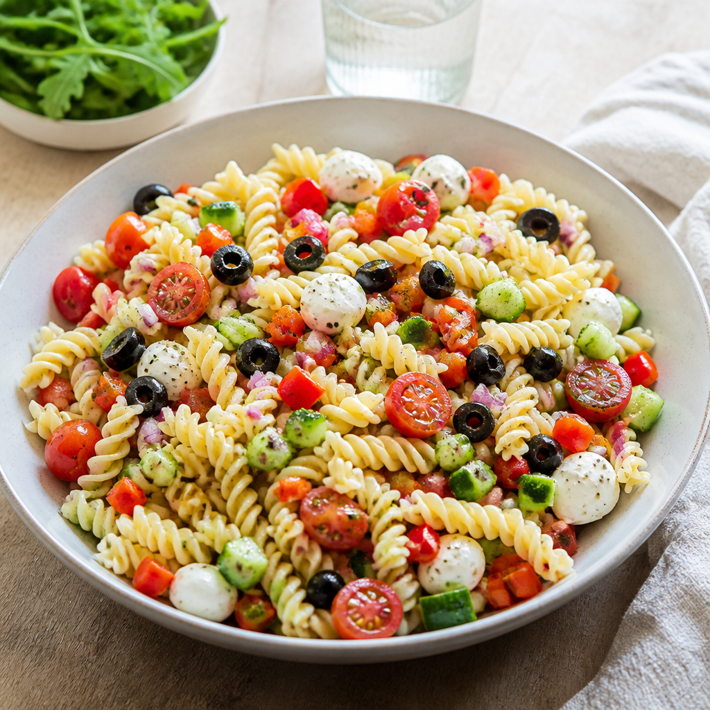 Klassisk pastasalat med grøntsager og dressing
