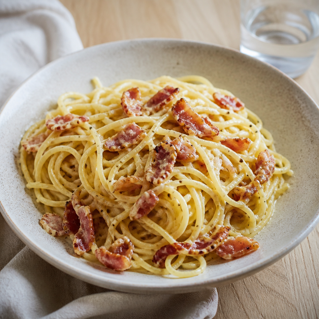 Pasta med bacon og cremet sauce toppet med persille