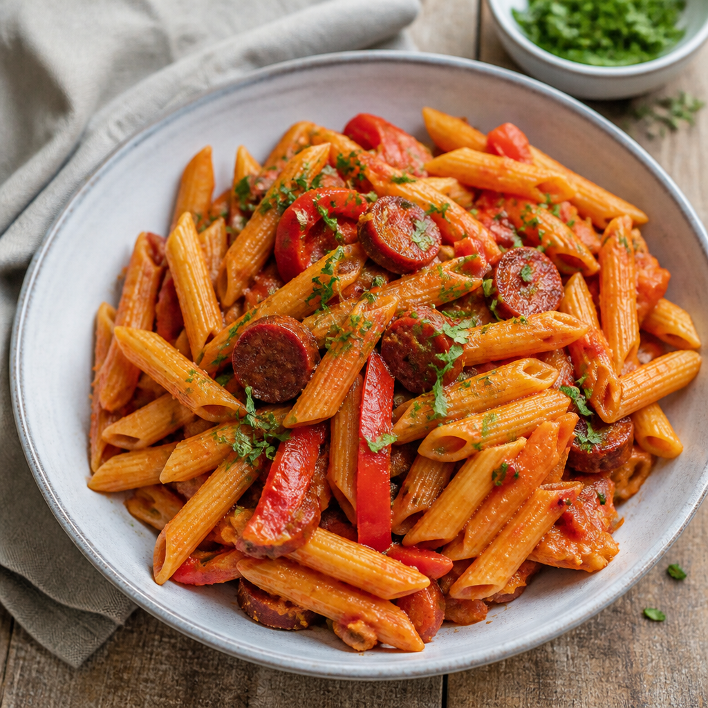 Pasta med chorizo og tomater serveret med basilikum og parmesan
