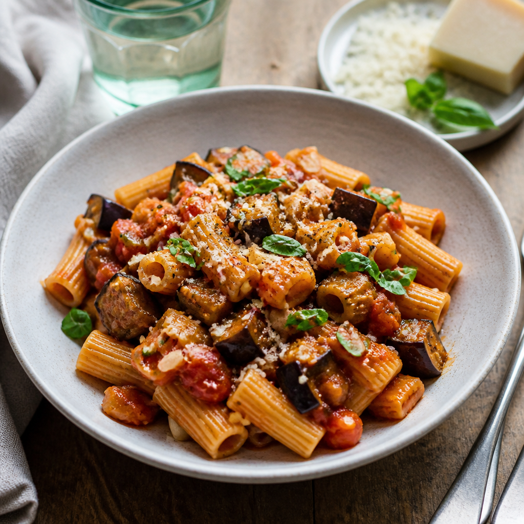 Pasta med aubergine og tomatsauce toppet med parmesan