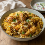 Biryani med kylling og krydderier serveret i en gryde