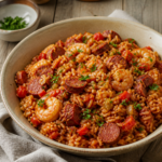 Krydret jambalaya med kylling, pølse og rejer