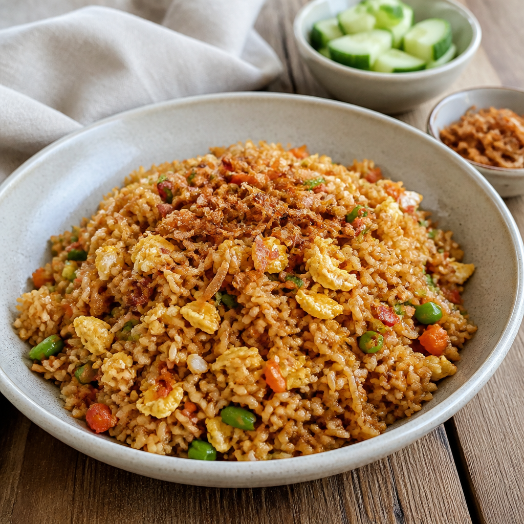 Nasi goreng med kylling, rejer og friske grøntsager