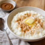 Cremet risengrød med sukker, kanel og smør