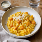 Cremet risotto med græskar og parmesan serveret i en skål
