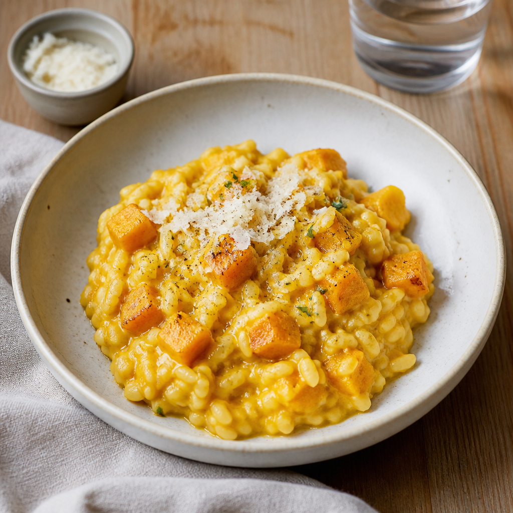 Cremet risotto med græskar og parmesan serveret i en skål