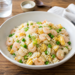 Lækre ris med rejer, citron og persille serveret på en tallerken