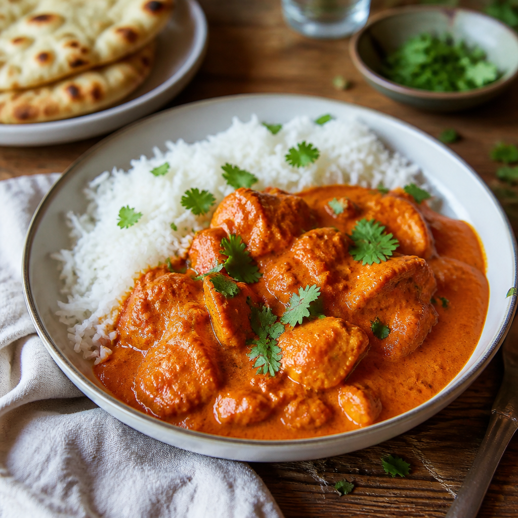 Tikka masala med kylling i krydret sauce anrettet med koriander