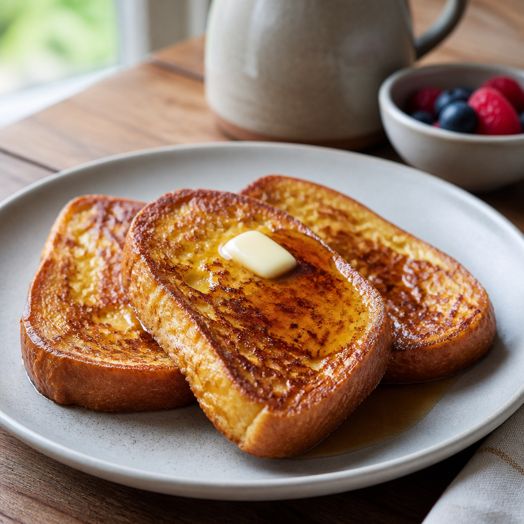 Gyldne og sprøde French toast med bær og sirup
