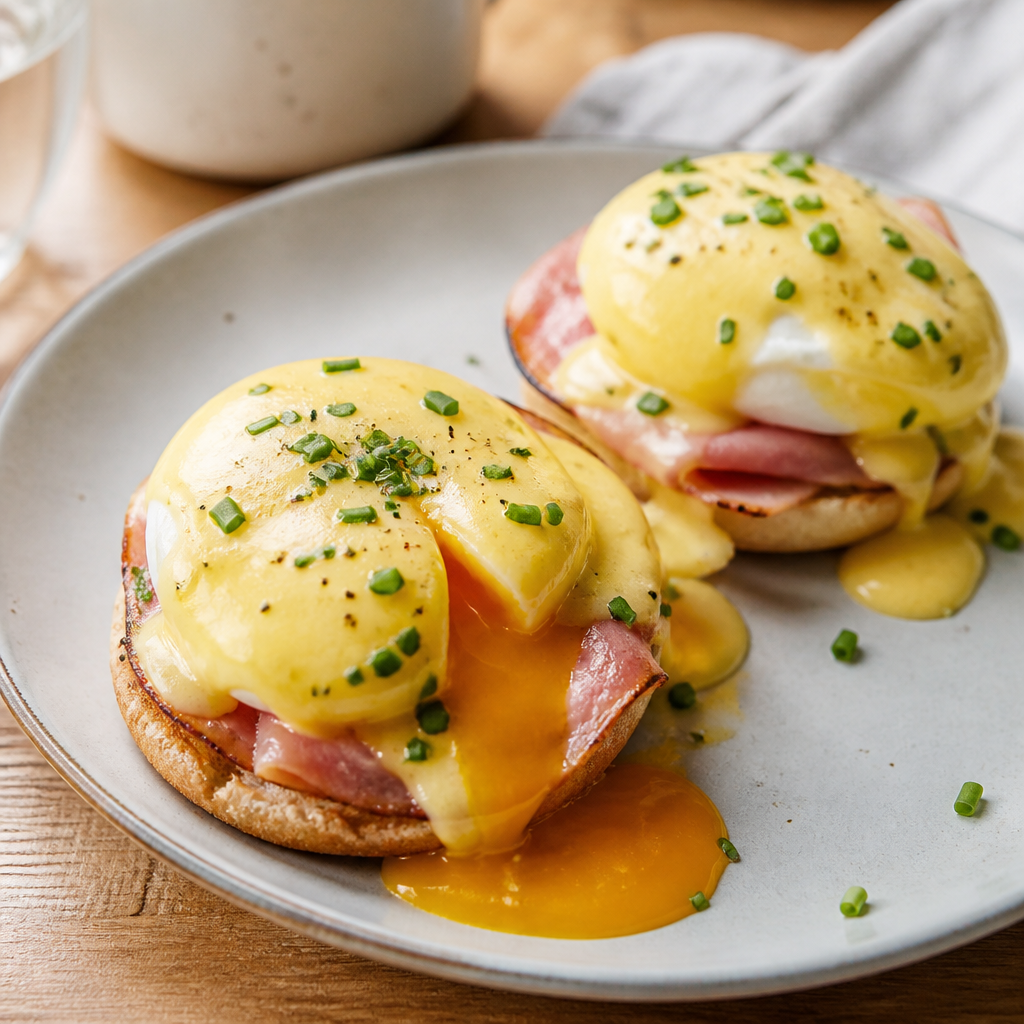 Eggs Benedict med pocherede æg og hollandaise sauce