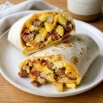 Breakfast burrito med æg, bacon og grøntsager i tortilla