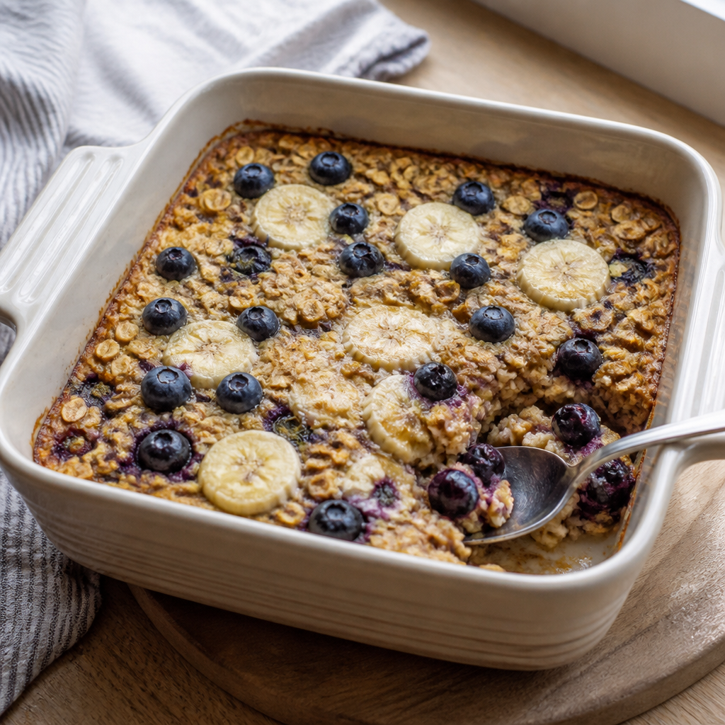 En portion baked oats med friske bær på toppen