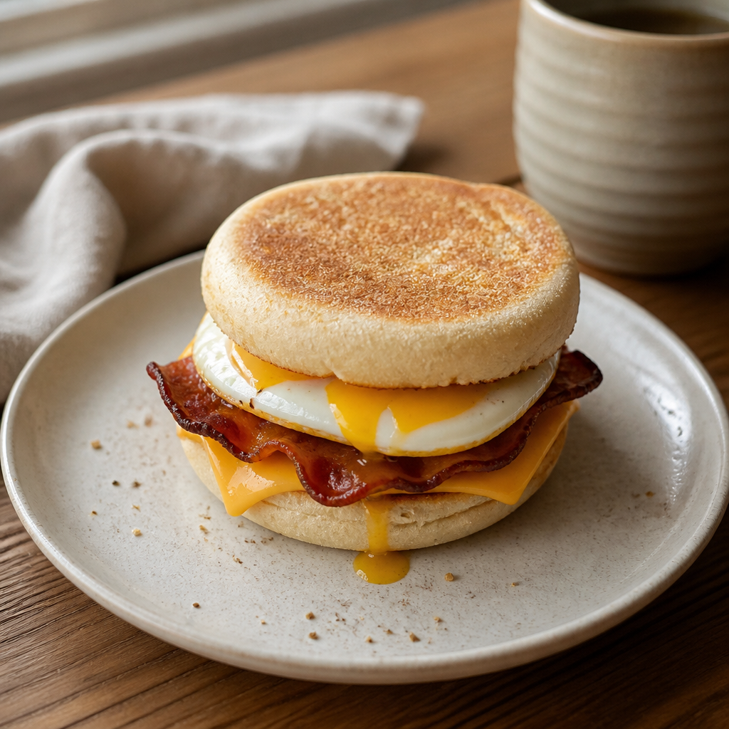 Breakfast sandwich med æg, ost og bacon på ciabatta