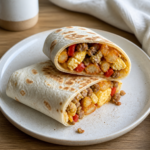 Morgenmadsburrito med æg, bacon, ost og salsa serveret på en tallerken