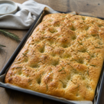 Focaccia brød med rosmarin og flagesalt på en bageplade