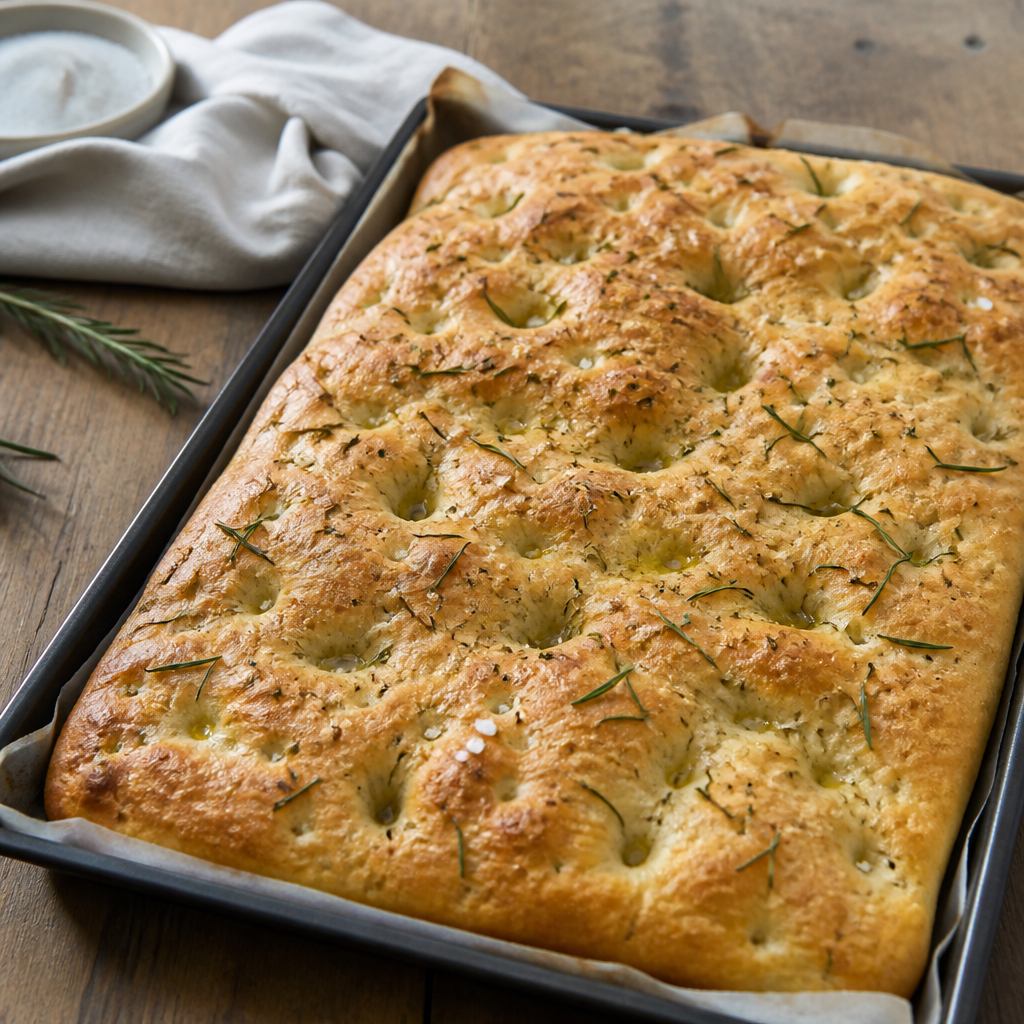 Focaccia brød med rosmarin og flagesalt på en bageplade